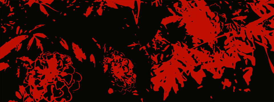 Red and black floral banner background. Horizontal widescreen graphic in grunge stencil style with marigold flowers and distressed leaves. Perfect for punk, gothic, or brutalist web headers.