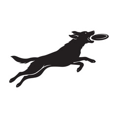 Fototapeta premium Dog Jumping To Catch Flying Disc Silhouette Playful Border Collie Vector Illustration.