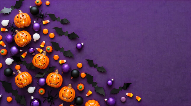 Festive happy halloween background with pumpkins bats candy corn ornaments for spooky celebrations