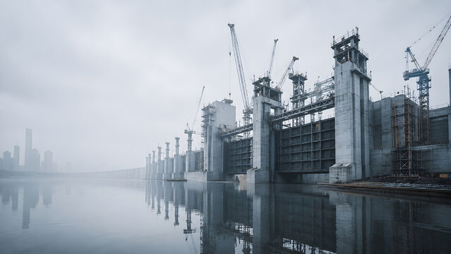 Concrete Flood Control Dam with Water Gates, Cranes and Foggy Urban River Background