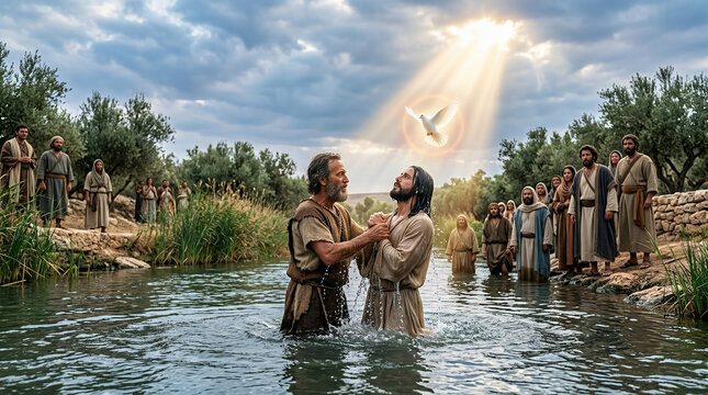 John the Baptist baptizing Jesus in the Jordan River. A dove descending from the sky. New testament holy spirit scene