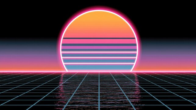 Retrowave sunset horizon with neon floor grid perspective.