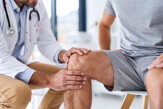 Doctor examining a patient's knee joint, focusing on pain assessment and diagnosis in a medical setting.