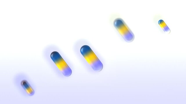Blue and yellow glossy pills in diagonal row on white, animated 3d capsules background, seamless looping video, 4k