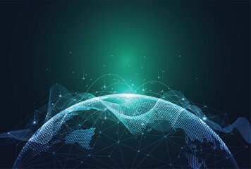 Abstract futuristic global network connection background with glowing planet earth and big data waves. © royyimzy