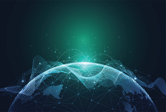 Abstract futuristic global network connection background with glowing planet earth and big data waves.