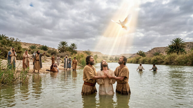 John the Baptist baptizing Jesus in the Jordan River. A dove descending from the sky. New testament holy spirit scene