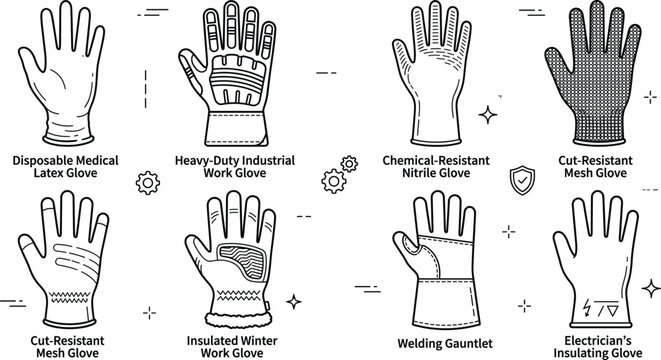 Industrial safety work gloves line art icon set featuring medical latex welding gauntlet cut resistant electrician insulation concepts