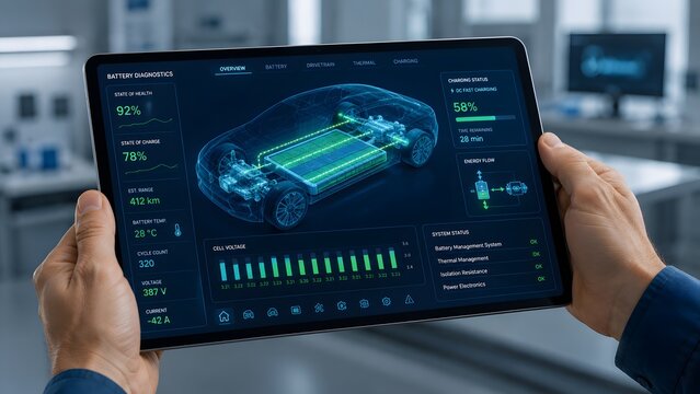 High tech digital interactive table dashboard displaying floating holographic wireframe vehicle model with smart performance data for futuristic automotive engineering and modern design innovation