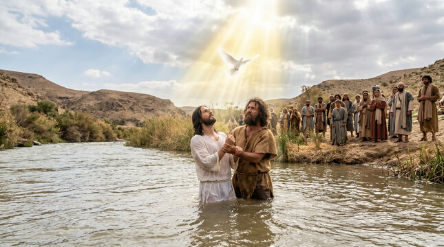 John the Baptist baptizing Jesus in the Jordan River. A dove descending from the sky. New testament holy spirit scene