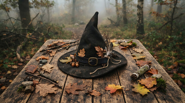 Black witch hat on rustic wooden table with autumn leaves in misty forest, Halloween and magic concept