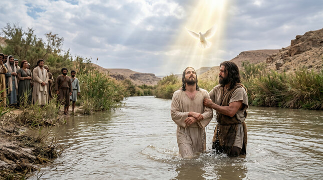 John the Baptist baptizing Jesus in the Jordan River. A dove descending from the sky. New testament holy spirit scene