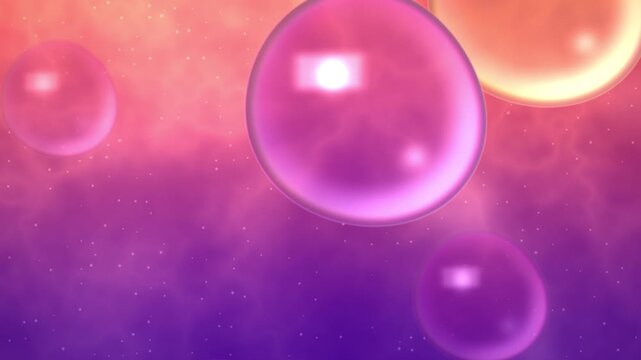 Glass bubbles floating on pink purple nebula, animated transparent spheres background, seamless looping video, 4k