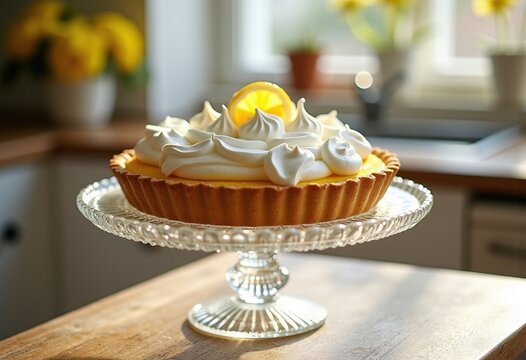 Lemon Meringue Pie with Fluffy Peaks on a Vintage Glass Cake Stand under Soft Morning Light