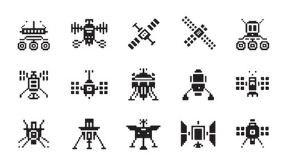 Orbital station and satellite pixel art icons representing modern space tech and science. © MD.RAHIM