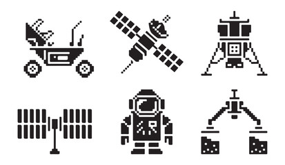Large pixel art space exploration icons featuring astronaut rover satellite and machinery. © MD.RAHIM