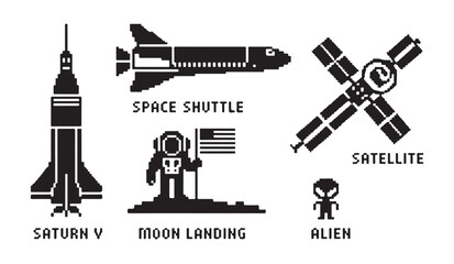 Space exploration pixel art set including saturn v, space shuttle, moon landing, satellite, alien. © MD.RAHIM