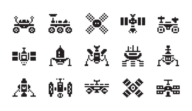 Mars rover and satellite pixel art icons collection for outer space exploration projects.