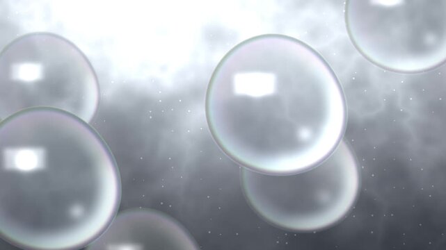 Glass bubbles floating in soft gray mist, animated transparent spheres background, seamless looping video, 4k