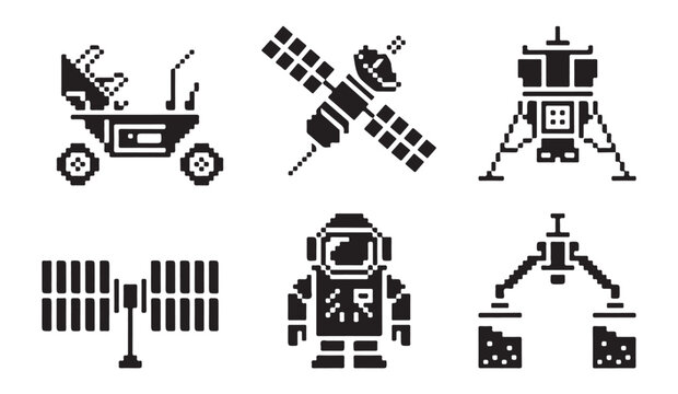 Large pixel art space exploration icons featuring astronaut rover satellite and machinery.