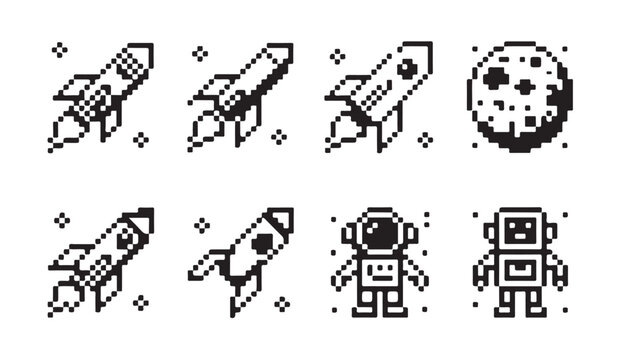 Pixel art space rockets, moon, astronaut, and robot icons on white background with stars.