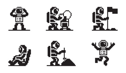 Pixelated astronauts performing various actions on moon surface planting flag. © MD.RAHIM
