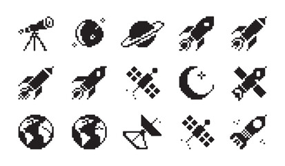 Pixel art space icons featuring rockets planets satellites moon and telescope. © MD.RAHIM