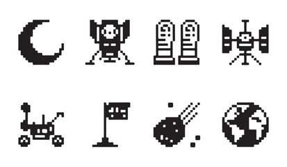 Pixel art set containing moon lander astronaut boots space satellite rover and earth icons. © MD.RAHIM