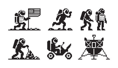 Pixel art space exploration icons astronauts rovers lunar module and flag. © MD.RAHIM