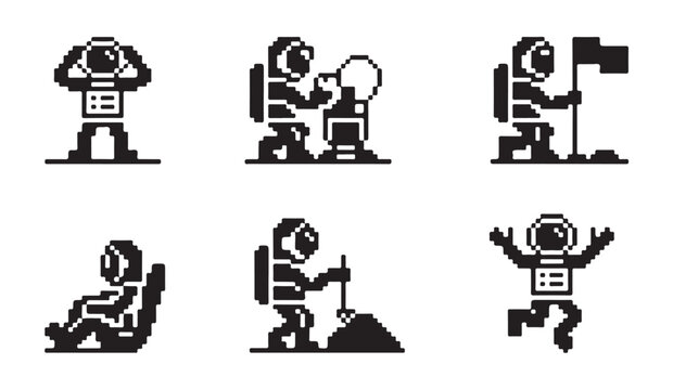 Pixelated astronauts performing various actions on moon surface planting flag.