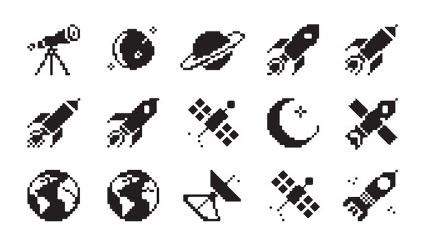 Pixel art space icons featuring rockets planets satellites moon and telescope.