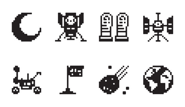 Pixel art set containing moon lander astronaut boots space satellite rover and earth icons.