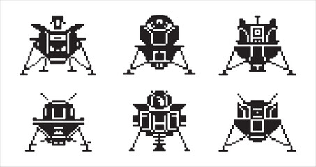Pixel art style icon set featuring various lunar landers in retro 8-bit game graphics. © MD.RAHIM