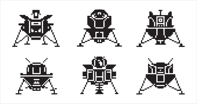 Pixel art style icon set featuring various lunar landers in retro 8-bit game graphics.
