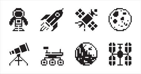 Pixel art space icon set including astronaut rocket satellite telescope and moon symbols. © MD.RAHIM