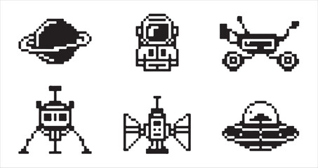 Set of pixel art space icons with astronaut planetary probe lunar lander and satellite. © MD.RAHIM