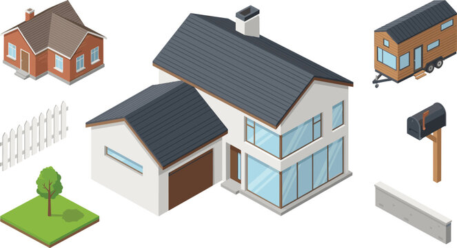 Isometric Modern House and Residential Property Collection with Tiny Home Mailbox Fence Tree and Building Elements Vector Illustration