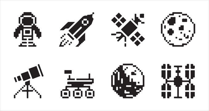 Pixel art space icon set including astronaut rocket satellite telescope and moon symbols.
