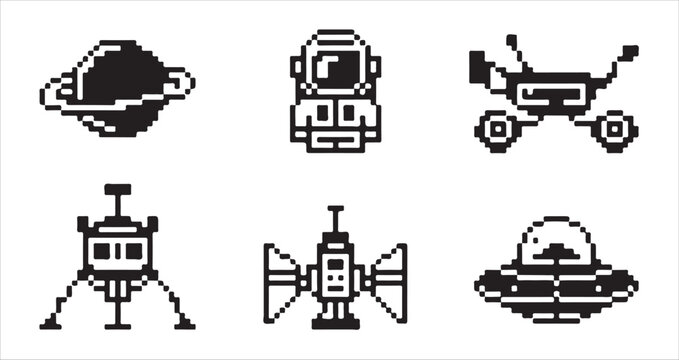 Set of pixel art space icons with astronaut planetary probe lunar lander and satellite.