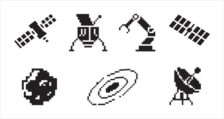 Galaxy and space technology pixel icons including radar dish satellite and robotic arm set. © MD.RAHIM