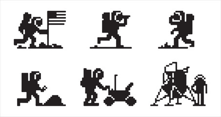 Moon landing scene pixel art icons depicting astronauts planting flag and lunar rover use. © MD.RAHIM