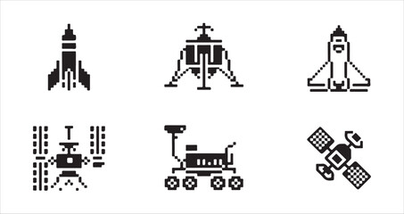 Aerospace engineering pixel art set with orbital station lunar lander and shuttle symbols. © MD.RAHIM