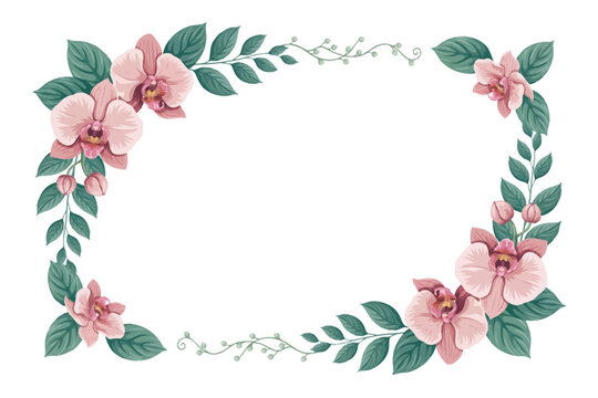 Pink Flowers Green Leaves Wreath Isolated on White