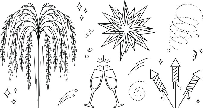 New Year celebration and party fireworks vector line art set featuring willow rocket sparks champagne toast elements