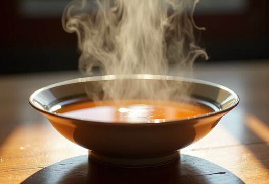 Steaming Wagyu Beef Bone Broth in Porcelain Bowl with Gentle Steam Rising