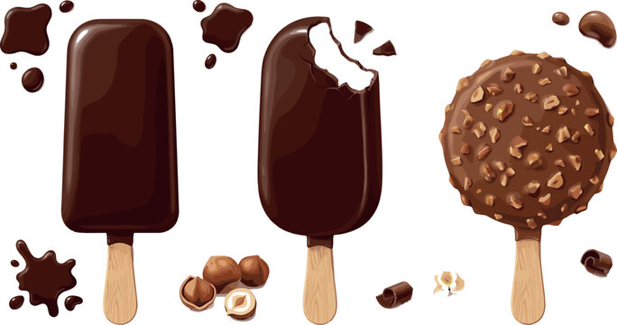 Chocolate Ice Cream Bar Vector Set Featuring Popsicles on Wooden Sticks with Glaze Bite Marks Nuts Crumbles and Melted Splashes for Dessert Designs