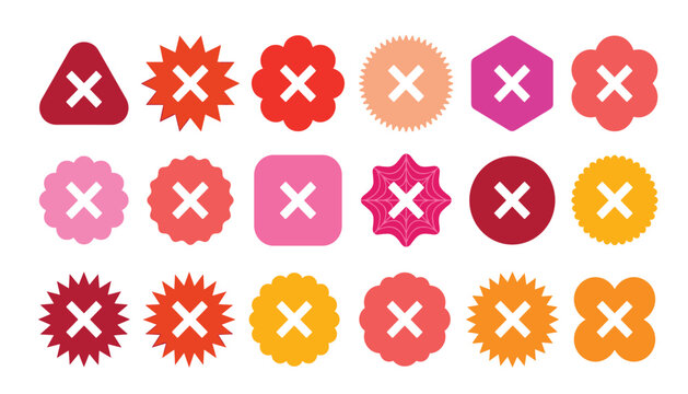 Cross mark vector badge icon collection. Red wrong check symbols, flat cancel prohibition indicators and error warning elements.