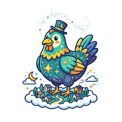 Fototapeta premium Whimsical chicken in a top hat overseeing a magical night village