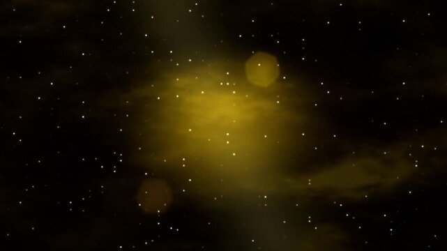 Golden nebula clouds with bokeh lights and stars, animated starry space background, seamless looping video, 4k