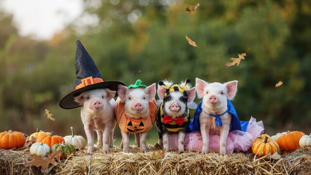 Adorable piglets in halloween costumes pose on hay bales with pumpkins